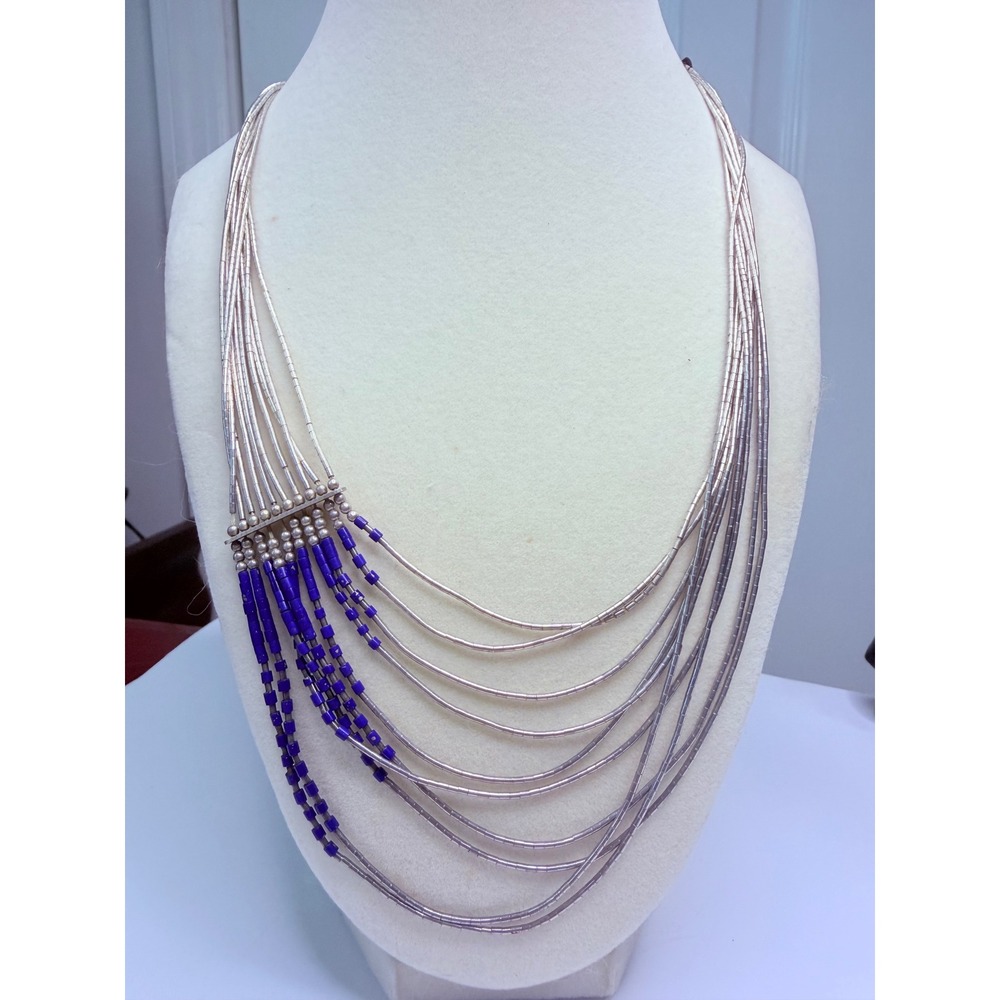 Sterling Silver Multi-Strand Statement Necklace Blue Bead Accent